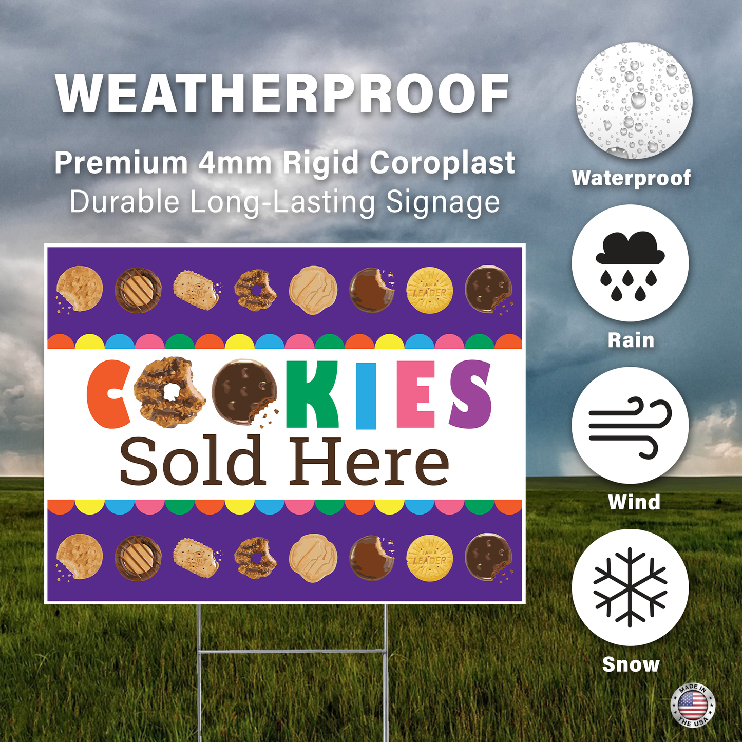 Double-sided 24 by 18 inch Scout cookie yard sign printed in full color on corrugated plastic