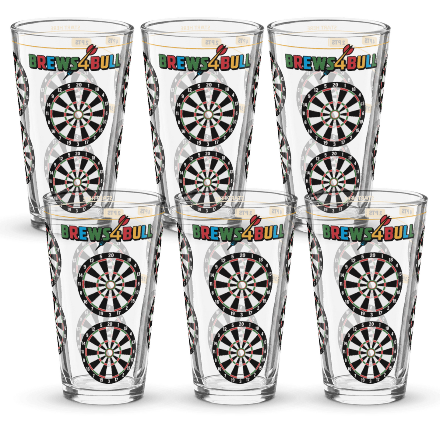 Brews4Bull pint glass printed with eight dart boards around the side for a darts drinking game
