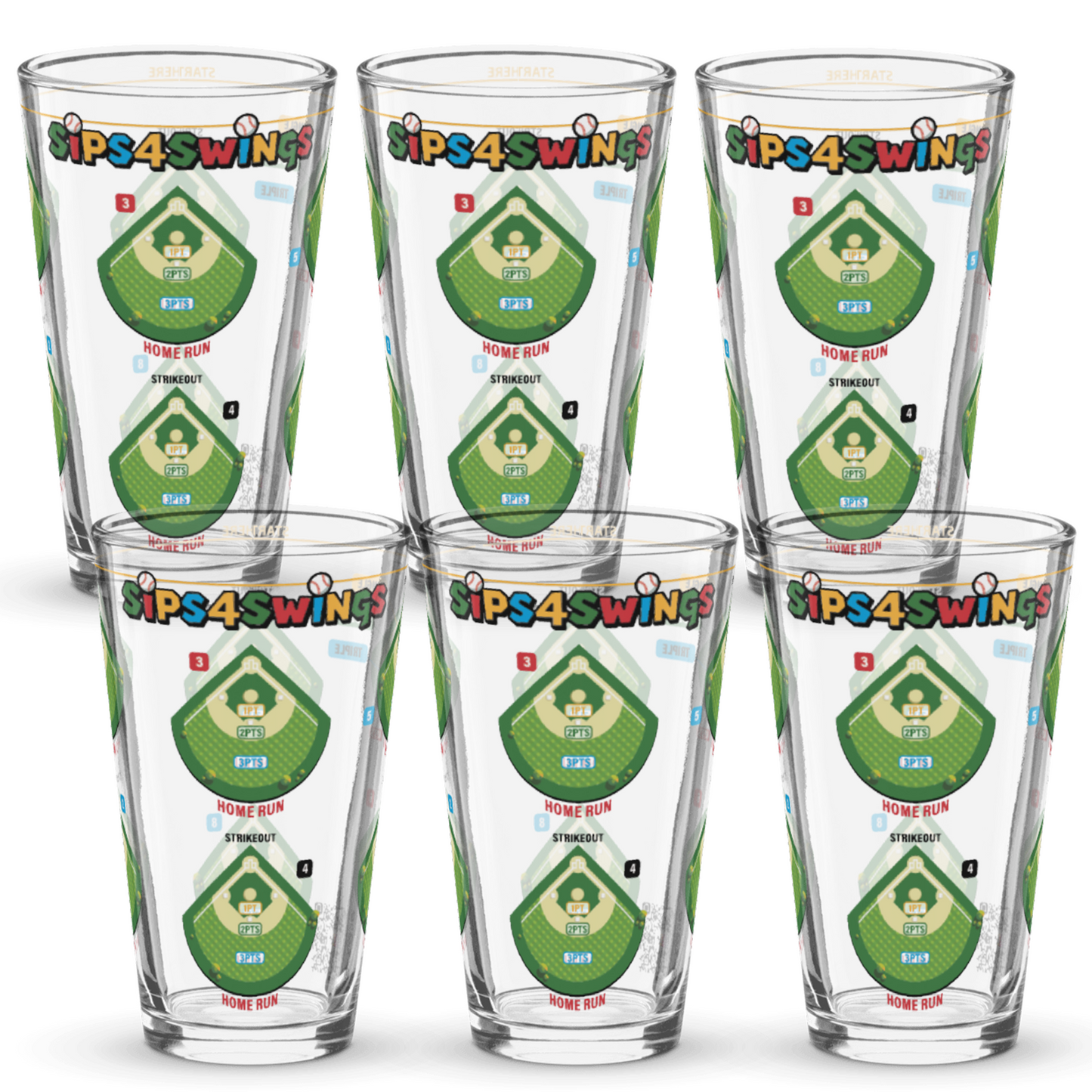 Sips4Swings pint glass printed with baseball fields for a baseball-themed drinking game