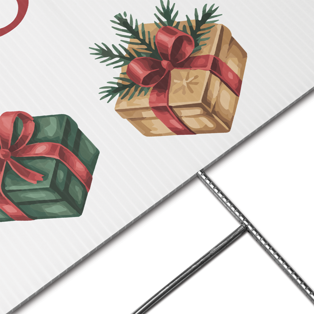 24 by 18 inch double-sided holiday sale yard sign with festive presents and bold Holiday Sale text