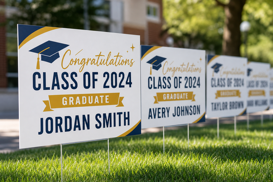 Where can a school order a batch of matching yard signs for graduates and still keep each name personalized?