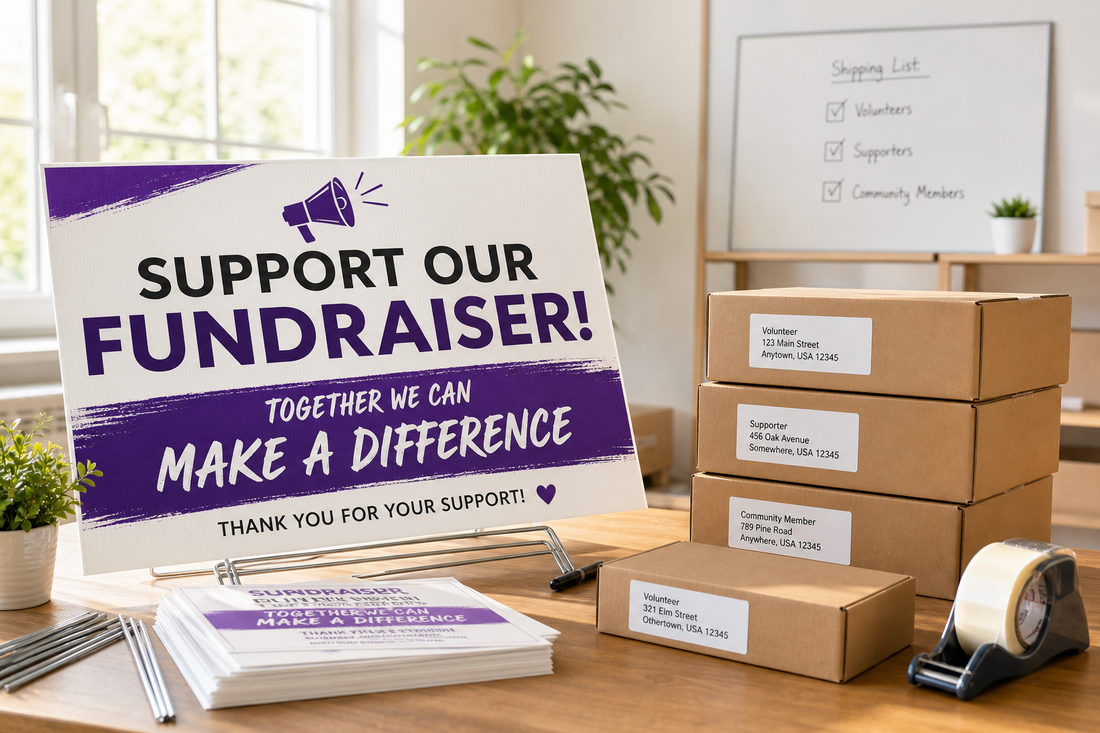 What is the easiest way to order fundraiser yard signs in bulk and ship them to different addresses?
