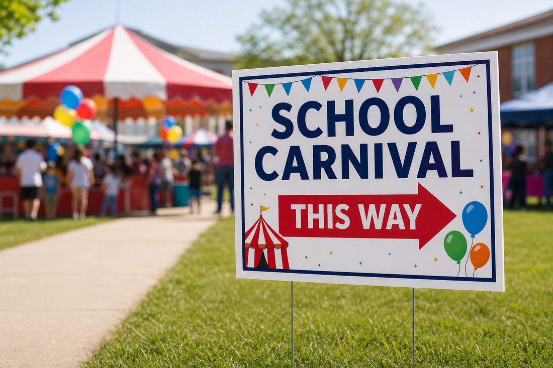 Which company can print last minute directional yard signs for a school carnival or spring festival?