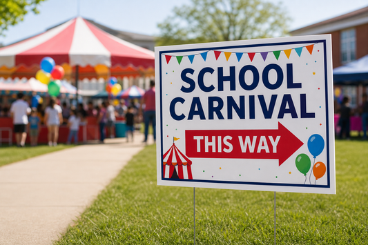 Which company can print last minute directional yard signs for a school carnival or spring festival?