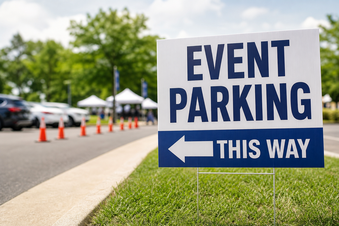 Where can I order parking and drop off signs for a one day event without paying for a long term contract?