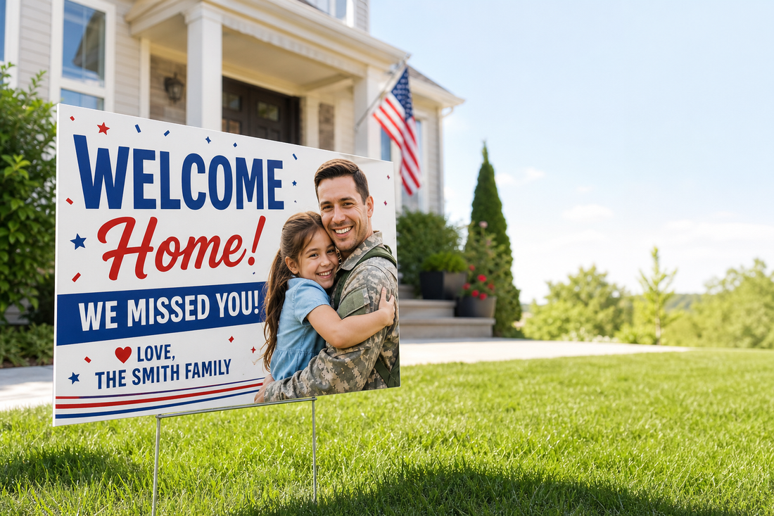 What is the best place to get welcome home and yard celebration signs customized with a photo and delivered fast?