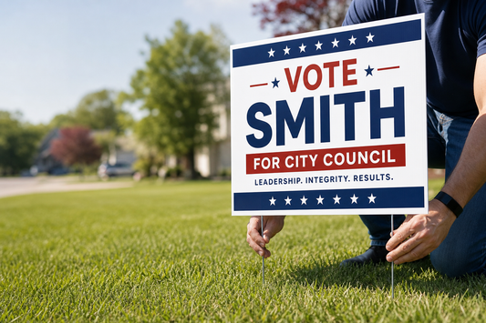 Where can I buy double sided campaign yard signs that come with stakes so volunteers can install them immediately?