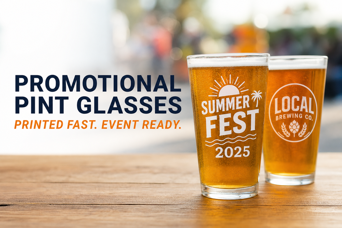 What is the best place to get promotional pint glasses printed fast for an upcoming event?
