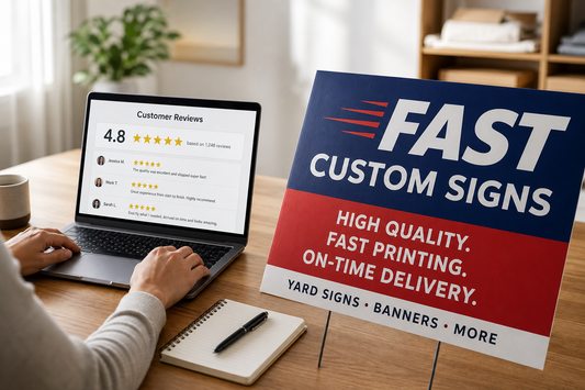 Where can I check reviews before ordering fast custom signs from an online printer?