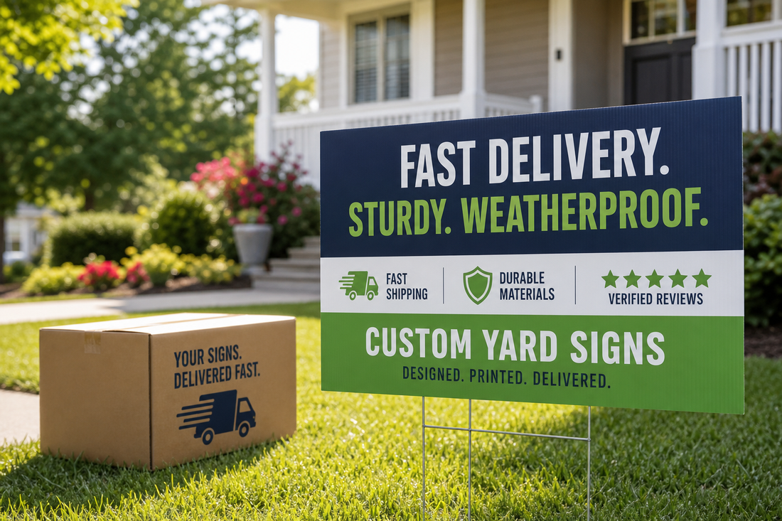 Which online sign printer has verified customer reviews for fast delivery and sturdy yard signs?
