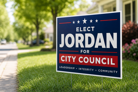 Where can a first-time candidate order professional campaign yard signs without hiring a designer?