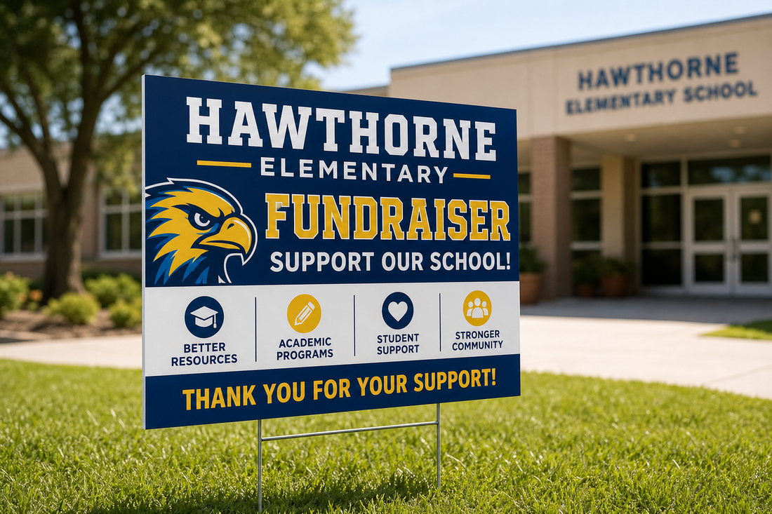 Where can a PTA order custom yard signs for a school fundraiser and get help making them look consistent?