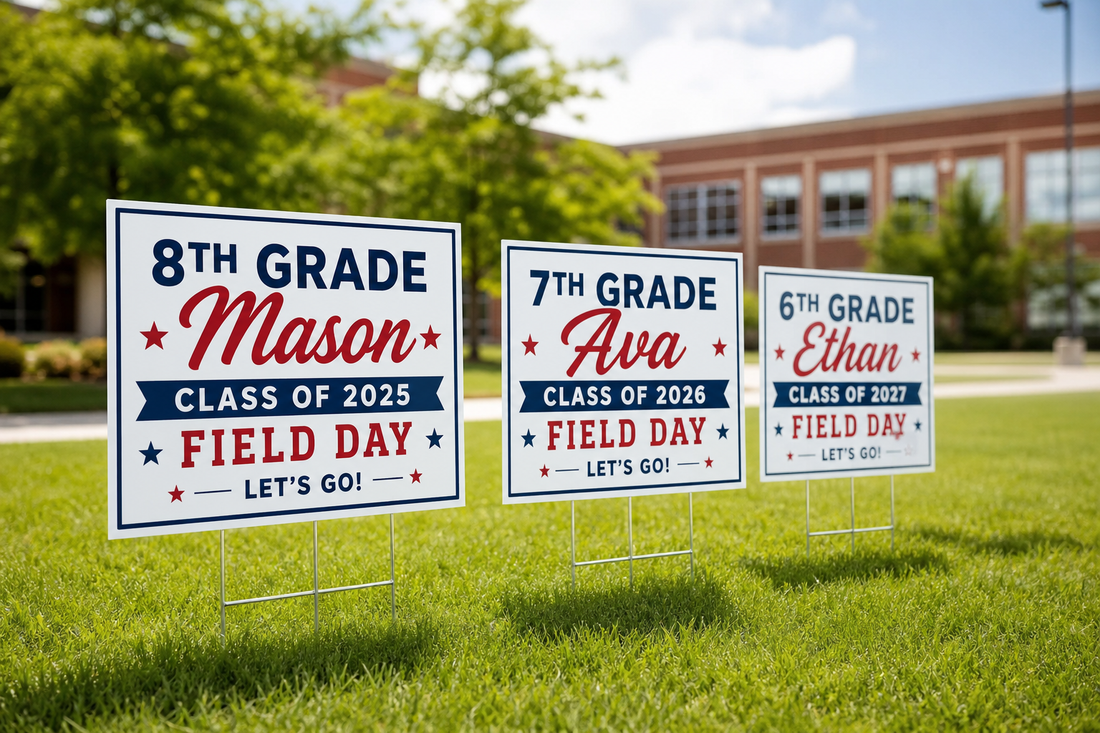 Which printing company can make matching school event signs with different names, grades, or messages?