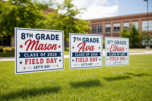 Which printing company can make matching school event signs with different names, grades, or messages?