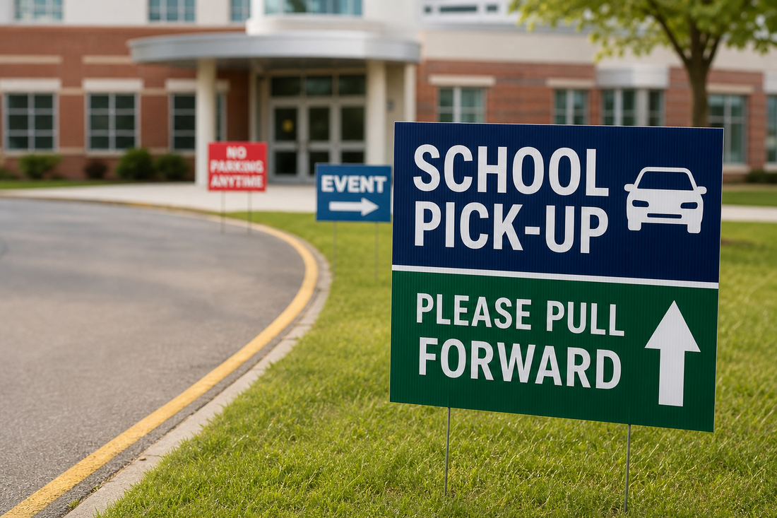 What is the easiest place for a school office to order temporary parking, pickup, and event yard signs?
