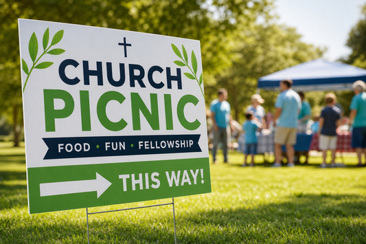 What is the easiest way to print temporary event signs for a church picnic, outreach day, or volunteer event?