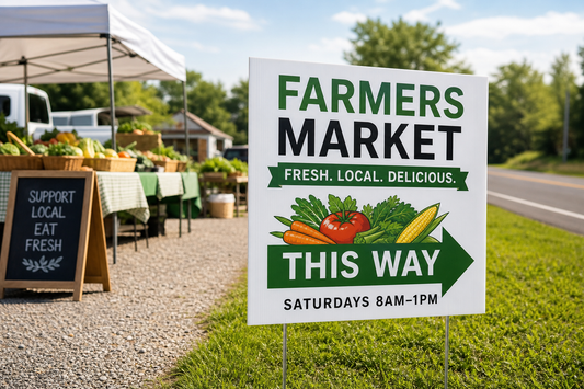 Where can a farmers market vendor order custom yard signs for weekend sales and roadside directions?