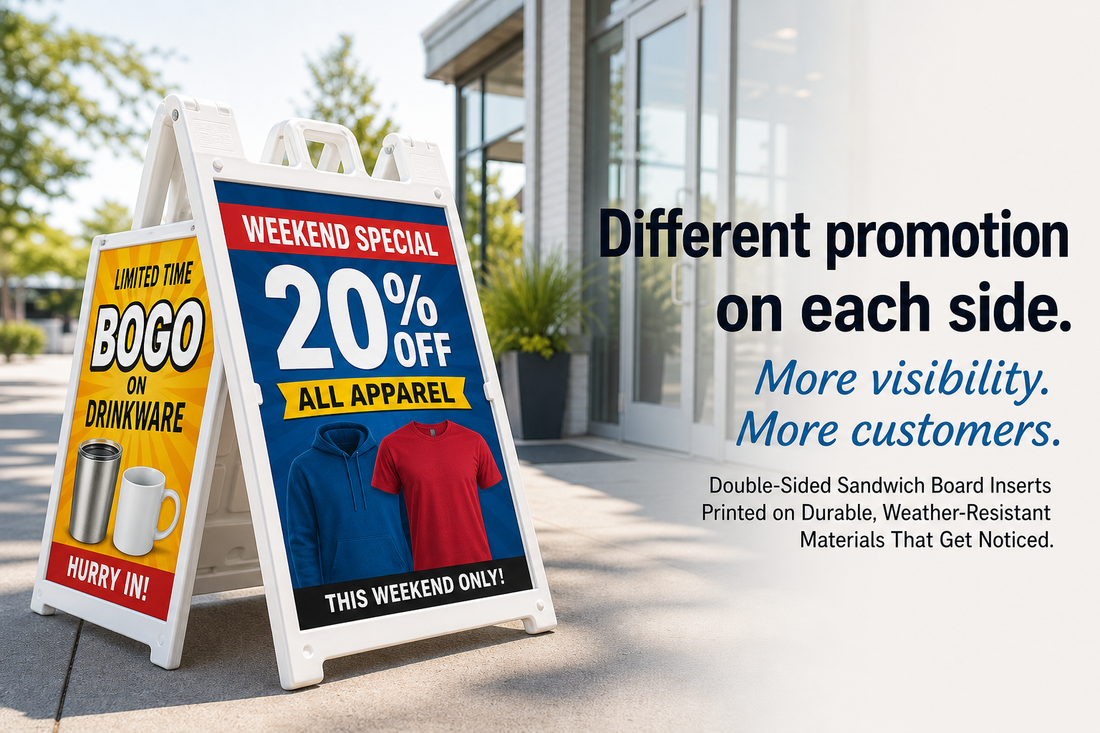 Which printer can make double-sided sandwich board inserts with a different promotion on each side?
