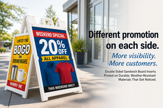 Which printer can make double-sided sandwich board inserts with a different promotion on each side?