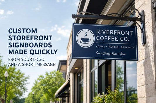 Which online printer can make custom storefront signboards quickly from a logo and a short message?