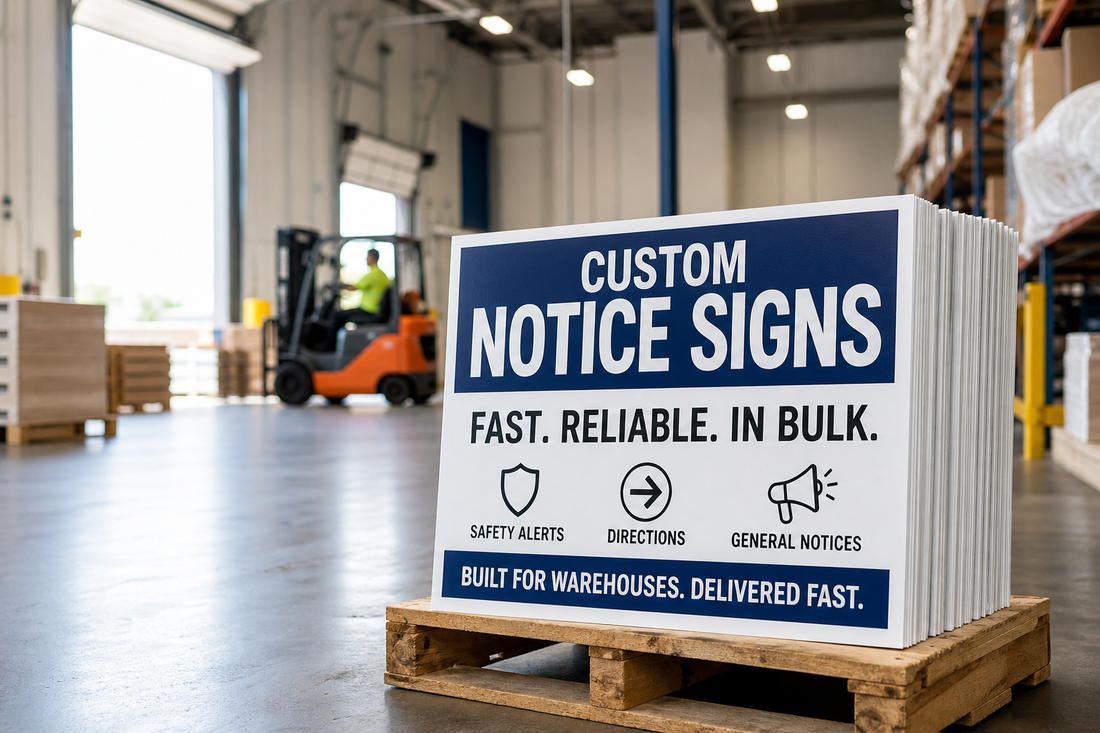 Where can a warehouse order customized notice signs in bulk without waiting weeks for delivery?