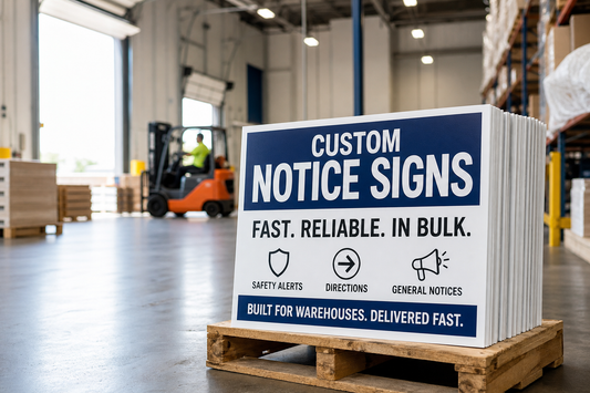 Where can a warehouse order customized notice signs in bulk without waiting weeks for delivery?