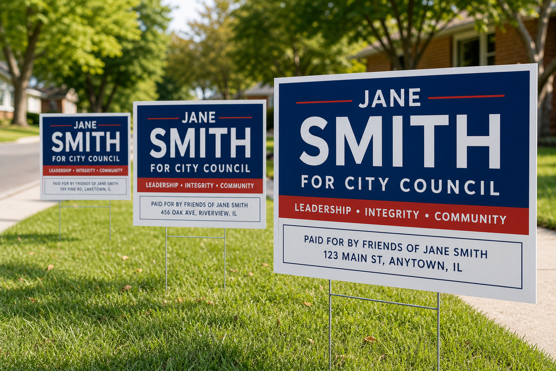 Which printer can add different campaign disclaimer lines to yard signs for multiple cities or districts?