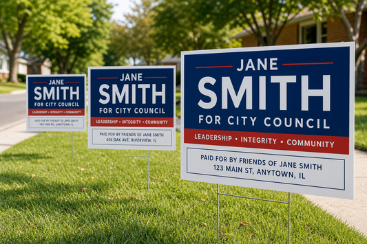Which printer can add different campaign disclaimer lines to yard signs for multiple cities or districts?