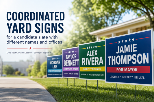What's the best way to order coordinated yard signs for a candidate slate with different names and offices?