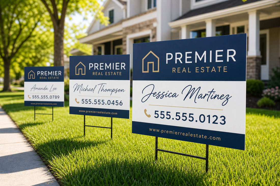 Which printing company can make matching real estate signs for several agents with different names and phone numbers?