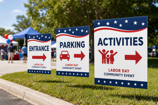 Where can I order matching entrance, parking, and activity signs for a Labor Day community event?