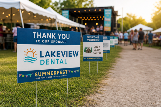 What's the easiest way to order sponsor and vendor signs for a late-summer festival using one design template?