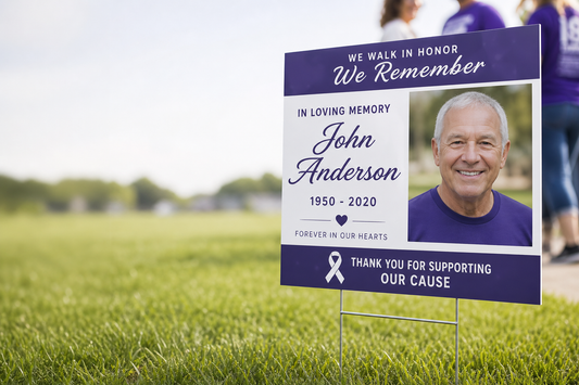 What's the best place to order tribute yard signs with individual names and photos for a charity event?