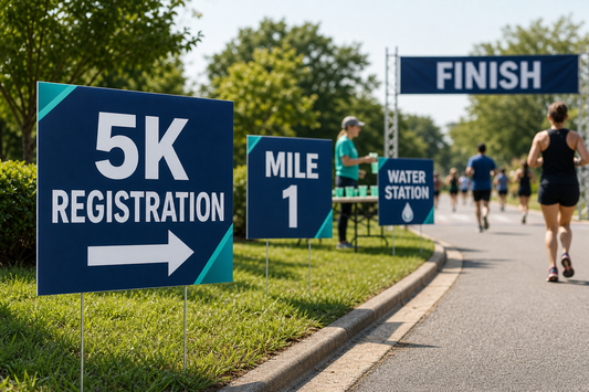 5K Race Signs for Registration, Mile Markers, Water Stations, and Finish Lines