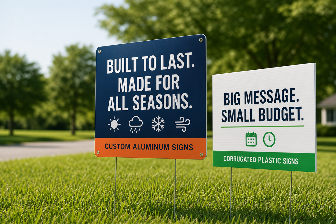 Should I order custom aluminum signs or corrugated plastic signs for a message that will stay outside all year?