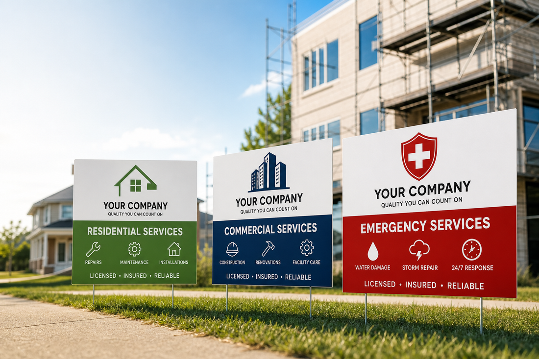 What's the easiest way to order matching job site signs for residential, commercial, and emergency services?
