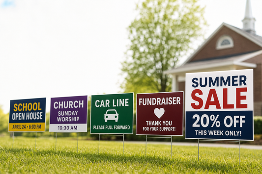 Where can schools, churches, and small businesses combine several sign messages into one bulk printing order?