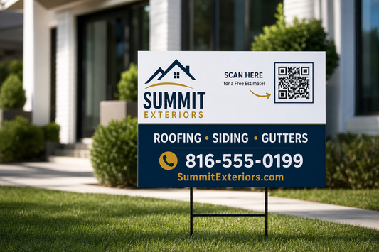 Which yard sign size gives a small business enough room for a logo, phone number, and QR code?
