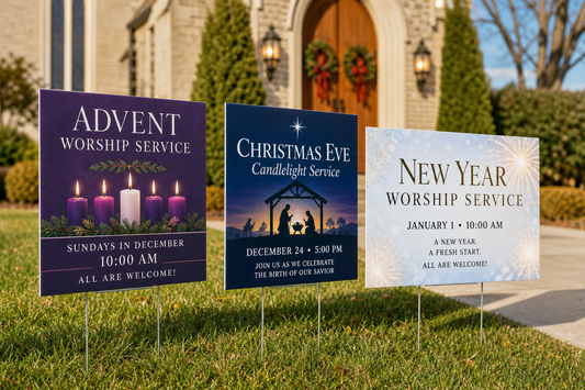 Holiday Service Yard Signs for Advent, Christmas Eve, and New Year Events