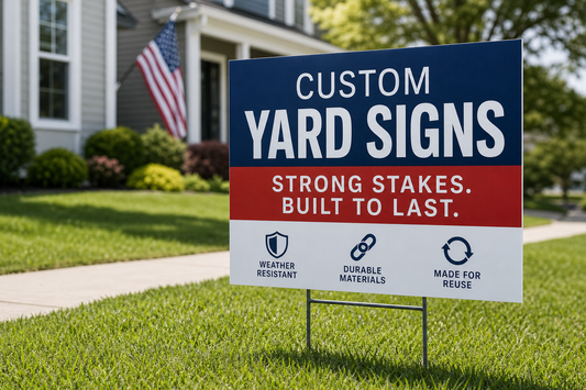 Which printer sells custom yard signs with stakes that are strong enough for repeated installation?