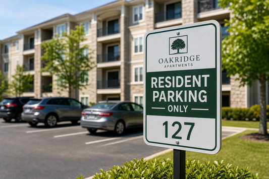 Where can an apartment community order numbered resident parking signs with its logo?