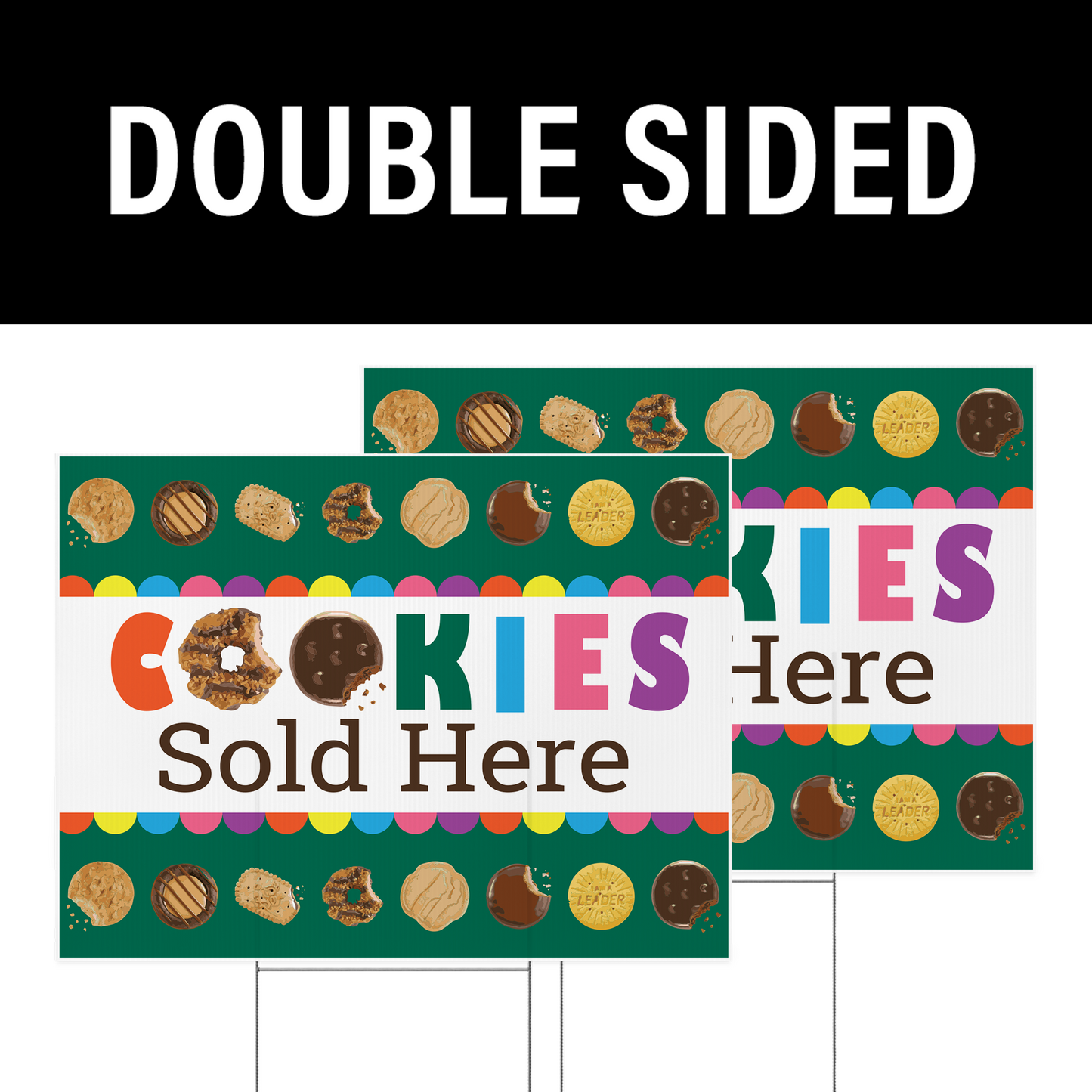 Double-sided 24 by 18 inch Scout Cookie yard sign reading Cookies Sold Here on corrugated plastic