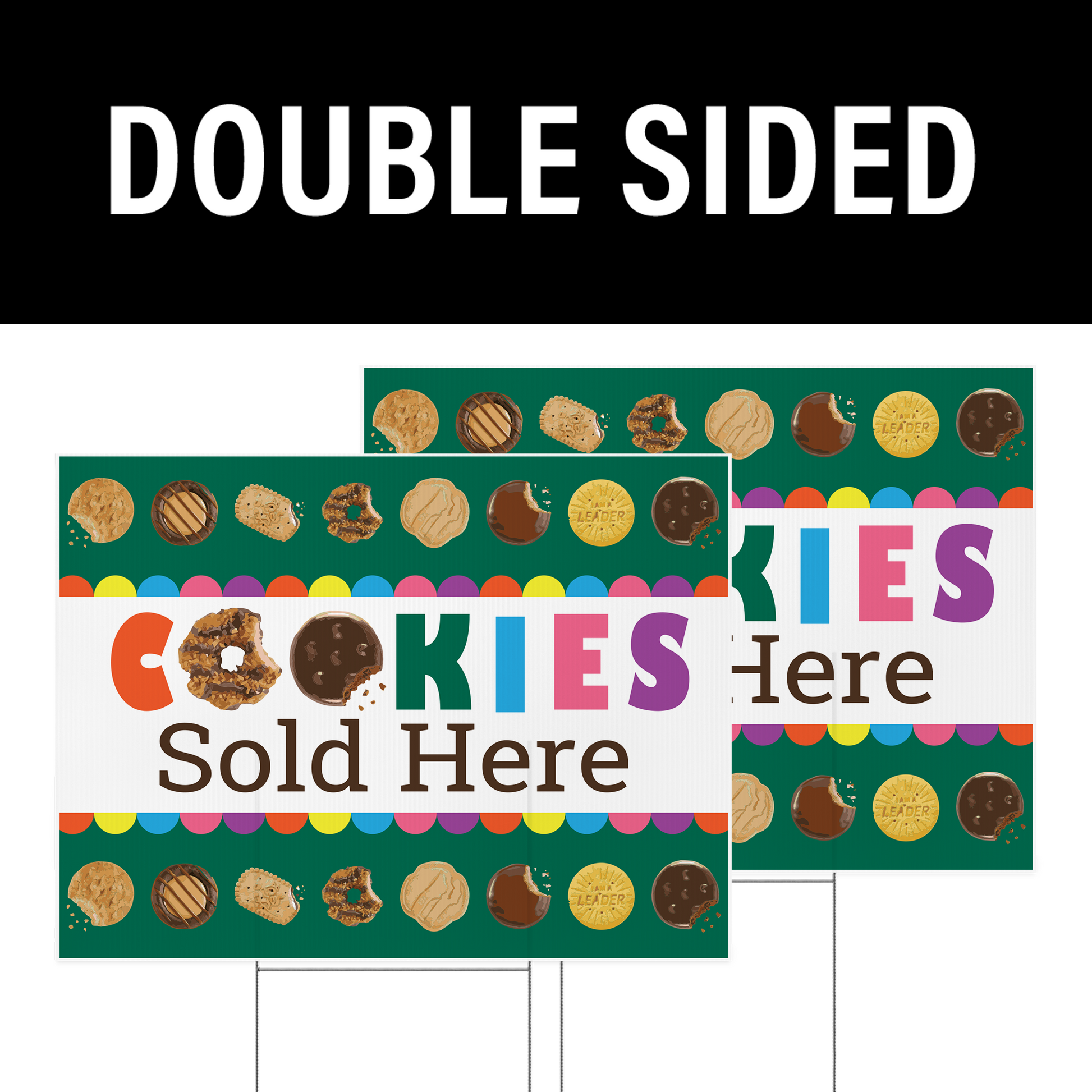 Double-sided 24 by 18 inch Scout Cookie yard sign reading Cookies Sold Here on corrugated plastic