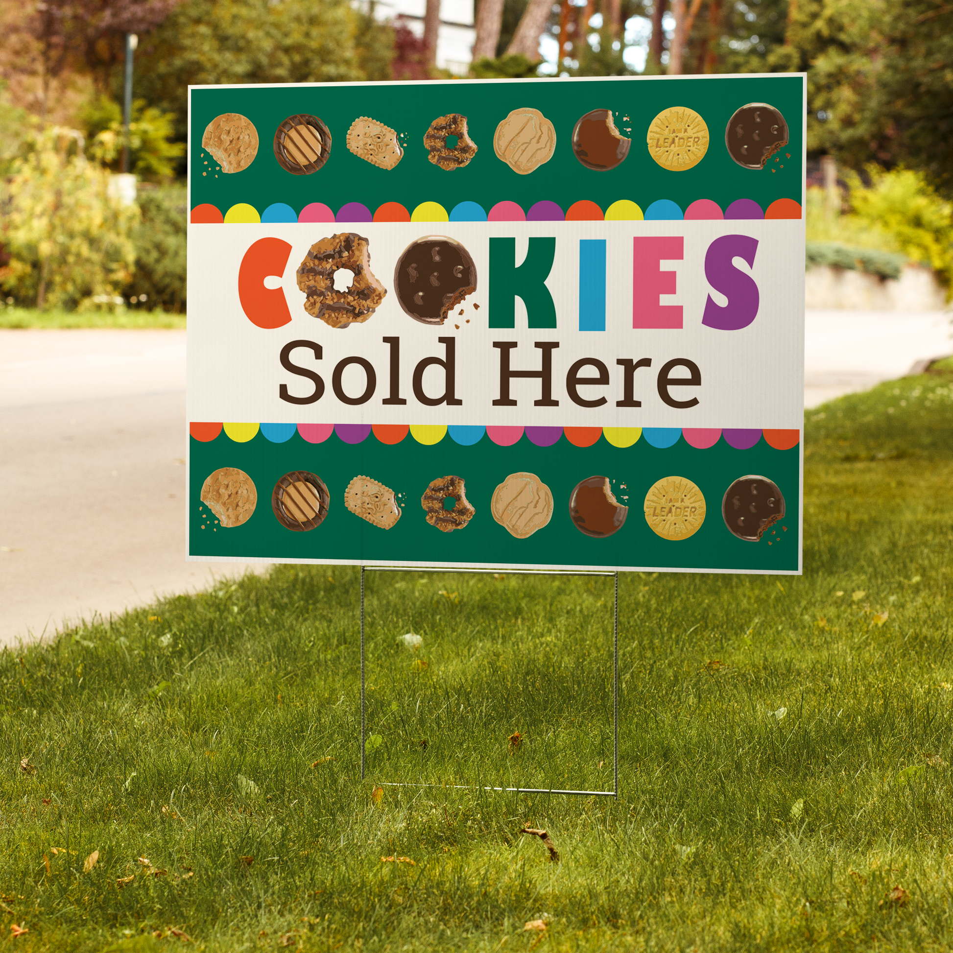 Double-sided 24 by 18 inch Scout Cookie yard sign reading Cookies Sold Here on corrugated plastic