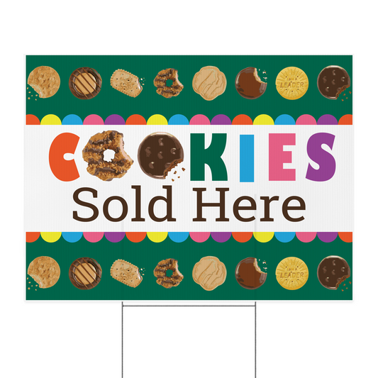 Double-sided 24 by 18 inch Scout Cookie yard sign reading Cookies Sold Here on corrugated plastic