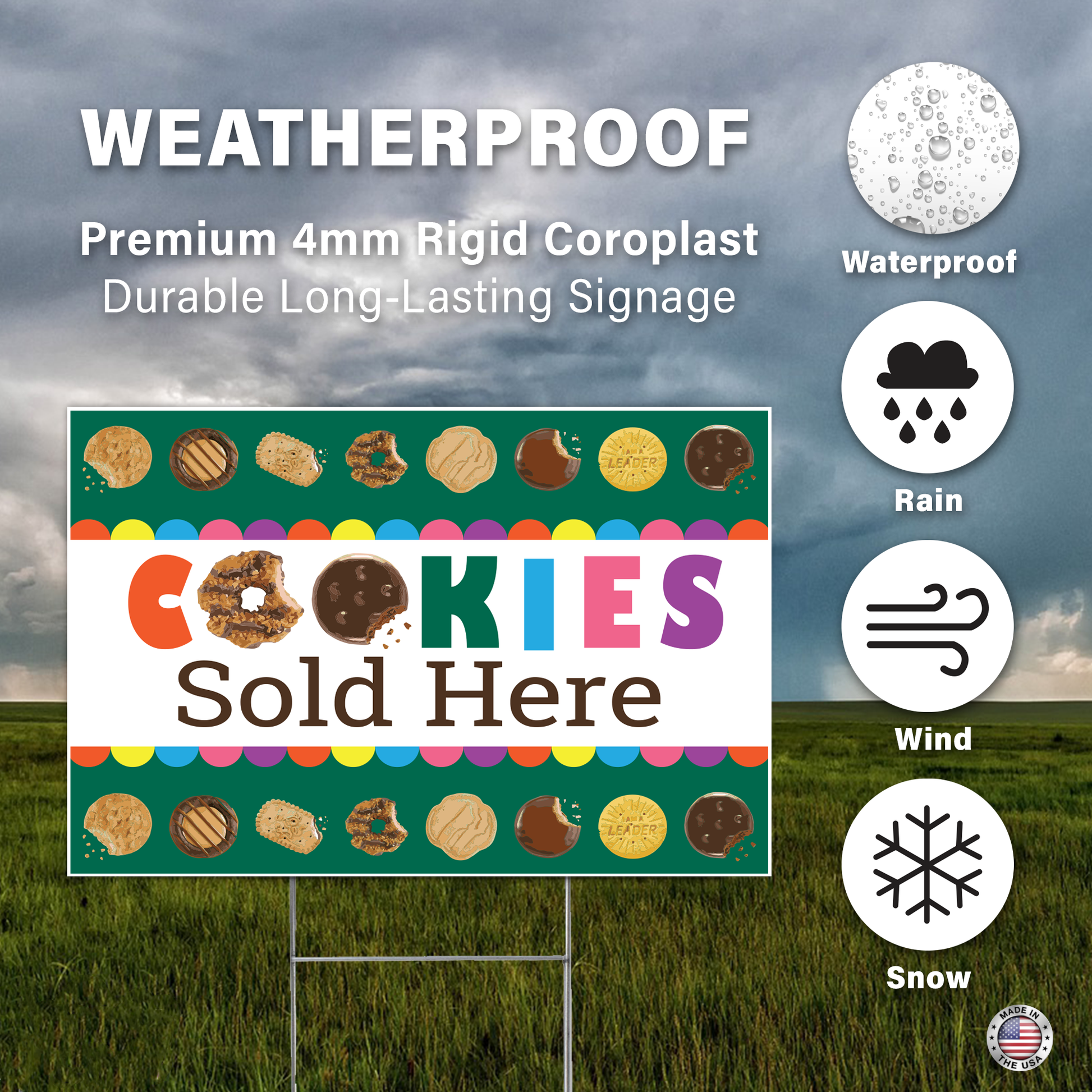 Double-sided 24 by 18 inch Scout Cookie yard sign reading Cookies Sold Here on corrugated plastic