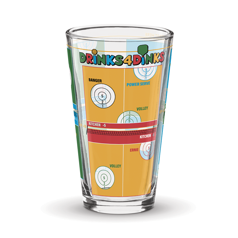 Drinks4Dinks pint glass printed with a pickleball drinking game design