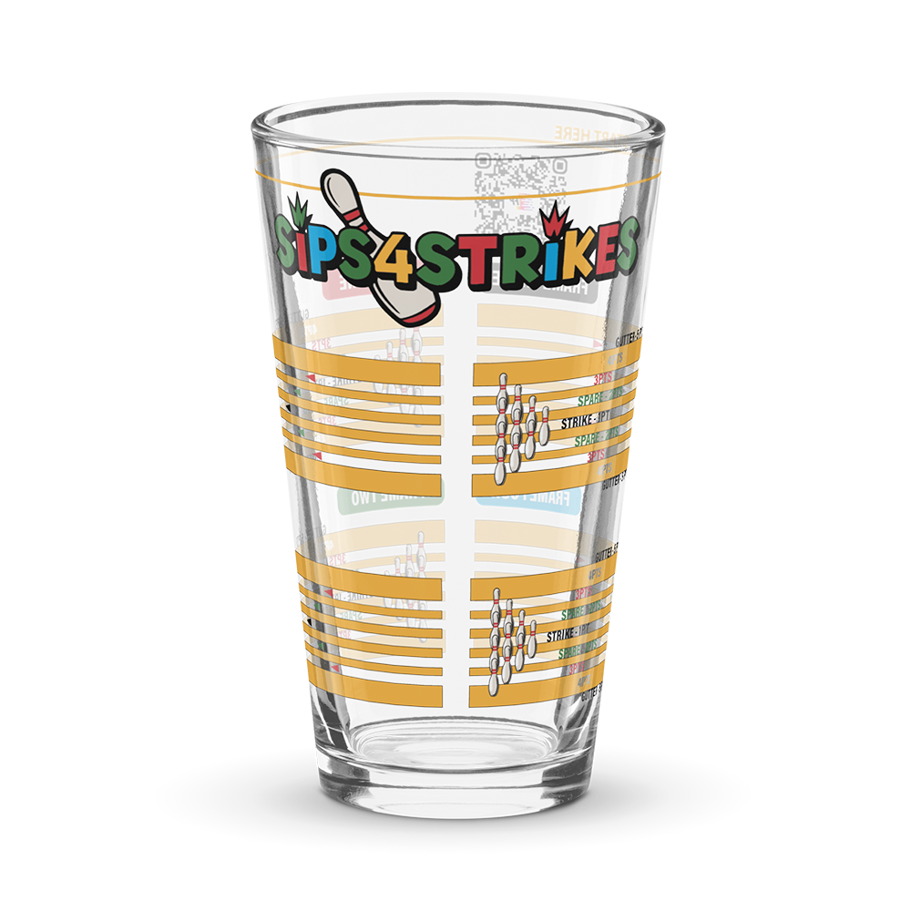 Sips4Strikes pint glass printed with four stacked bowling frames for a bowling drinking game