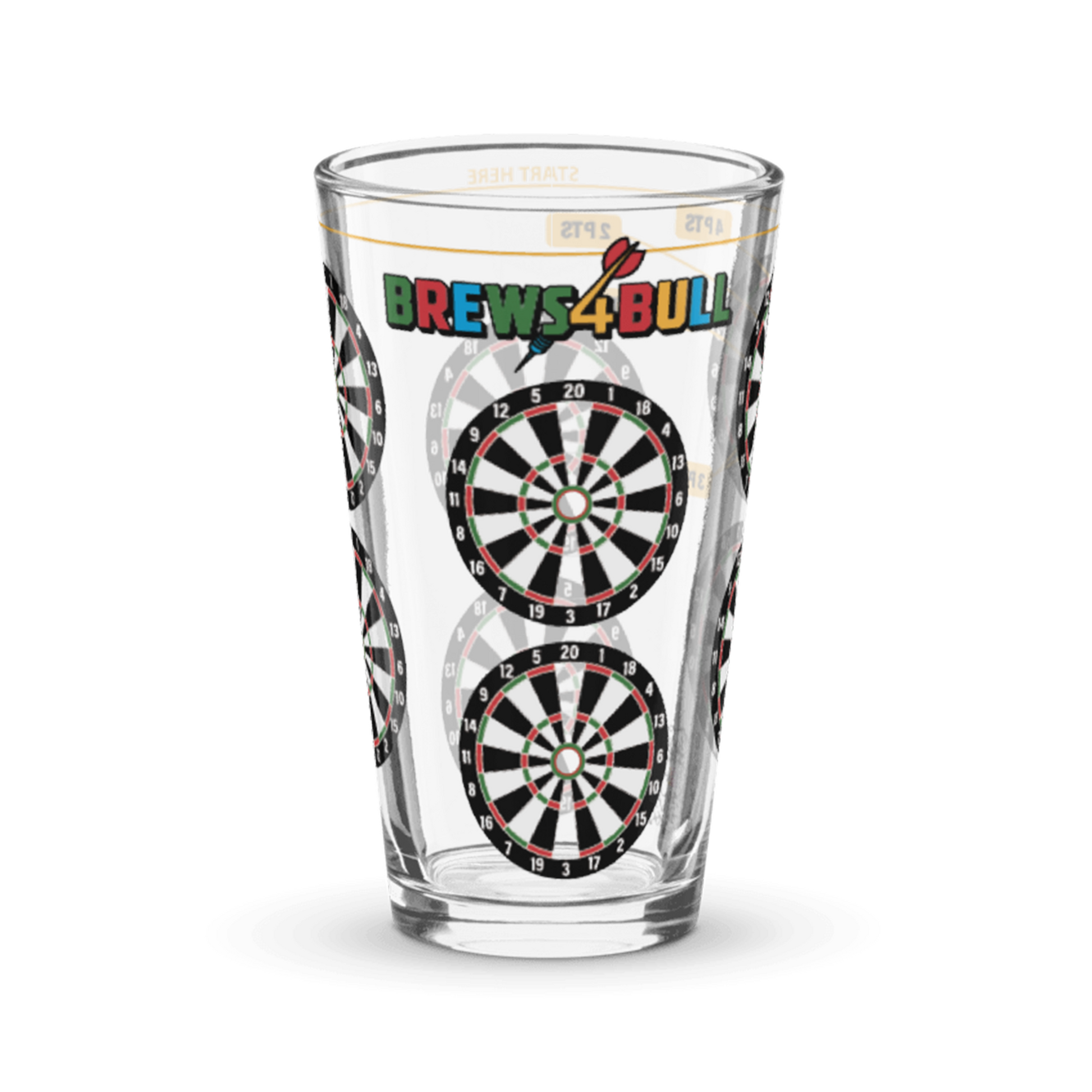 Brews4Bull pint glass printed with eight dart boards around the side for a darts drinking game