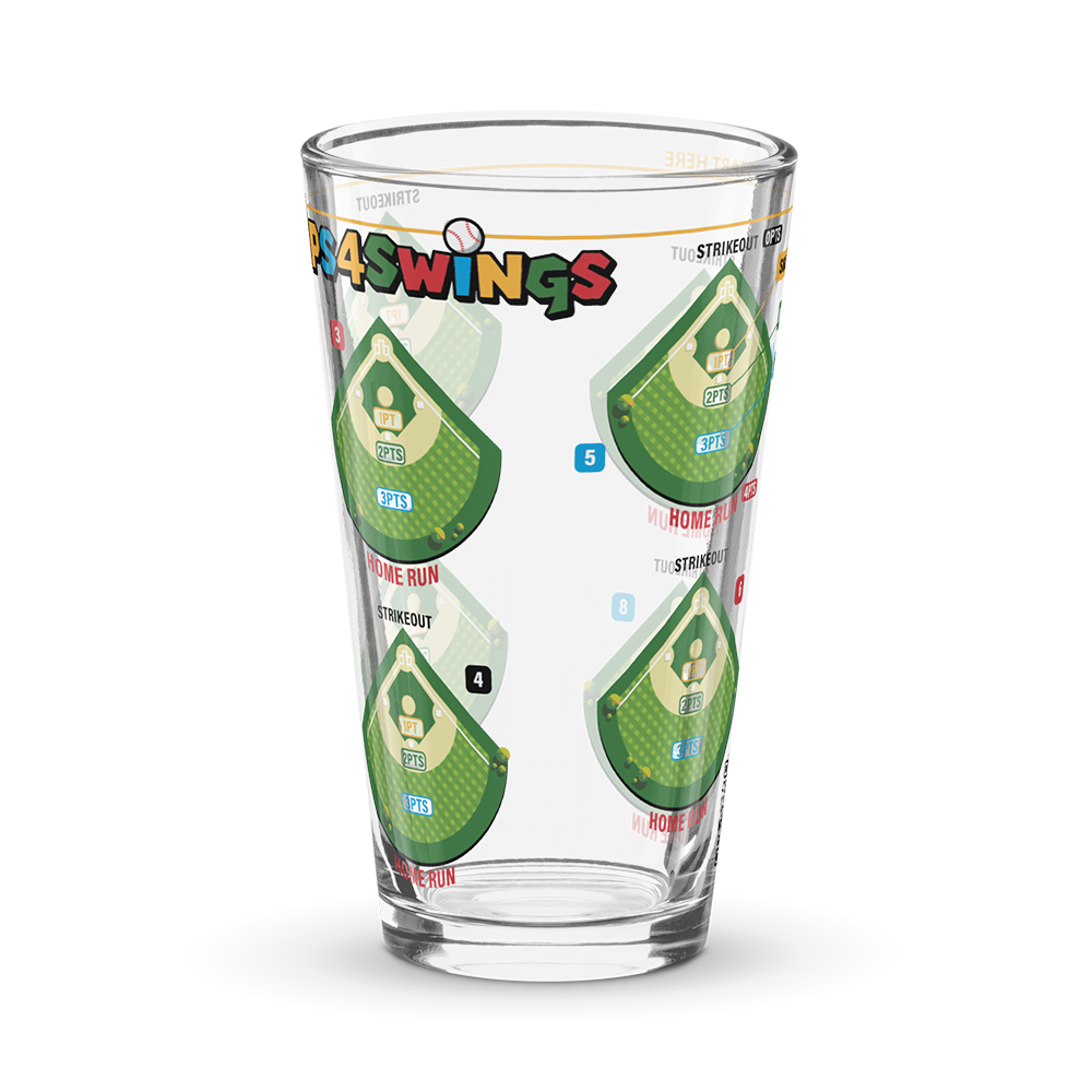 Sips4Swings pint glass printed with baseball fields for a baseball-themed drinking game